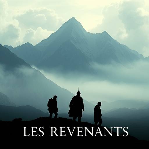 Affiche de la série Les Revenants, avec des silhouettes fantomatiques dans un paysage montagneux.