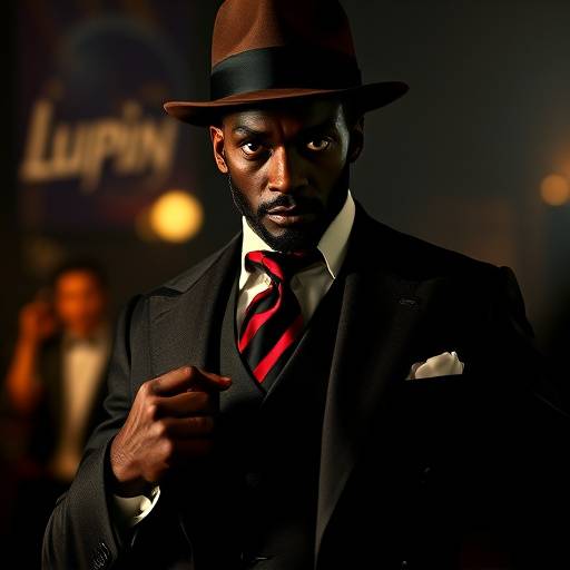 Affiche de la série Lupin, avec Omar Sy dans le rôle d'un gentleman cambrioleur élégant.
