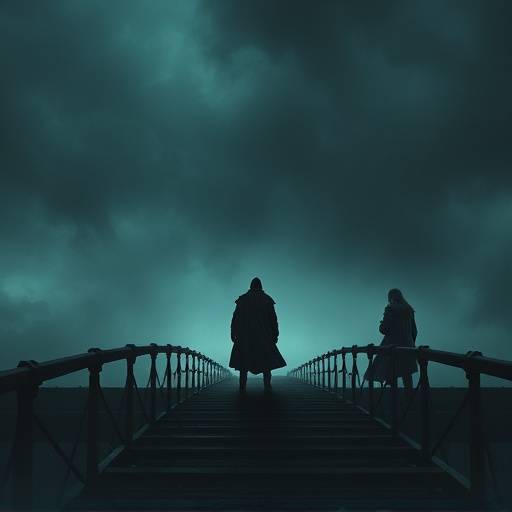 Affiche de la série The Bridge, avec des personnages énigmatiques sur un pont sombre.