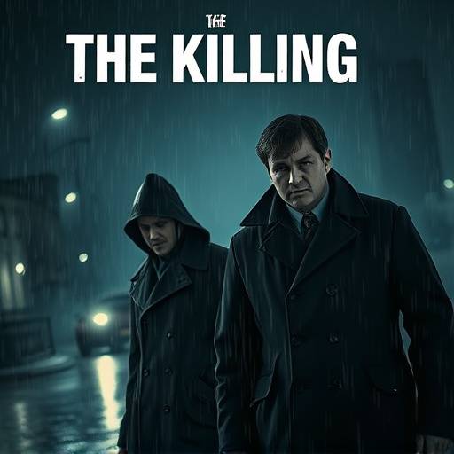 Affiche de la série The Killing, avec des détectives sous la pluie.
