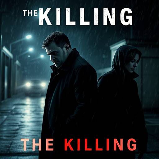 Affiche de la série The Killing, montrant des détectives enquêtant dans un environnement sombre et pluvieux.